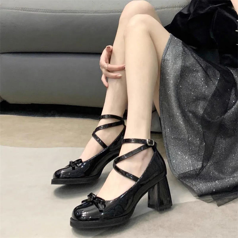 法式交叉蝴蝶结玛丽珍鞋英伦风粗跟小皮鞋女2022夏季新款高跟单鞋