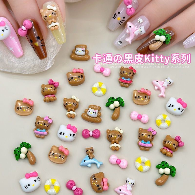 helloKitty美甲饰品辣妹黑皮凯蒂猫蝴蝶结配饰夏威夷风穿戴甲配饰