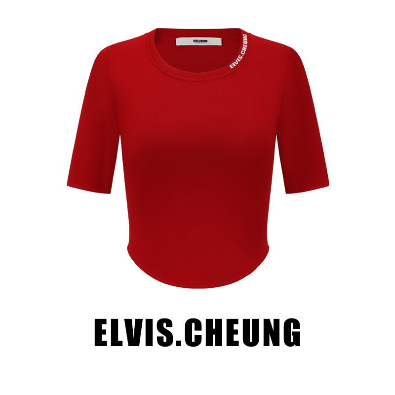 ELVIS.CHEUNG24春夏原创设计师低领logo提花短袖毛衫打底衫女
