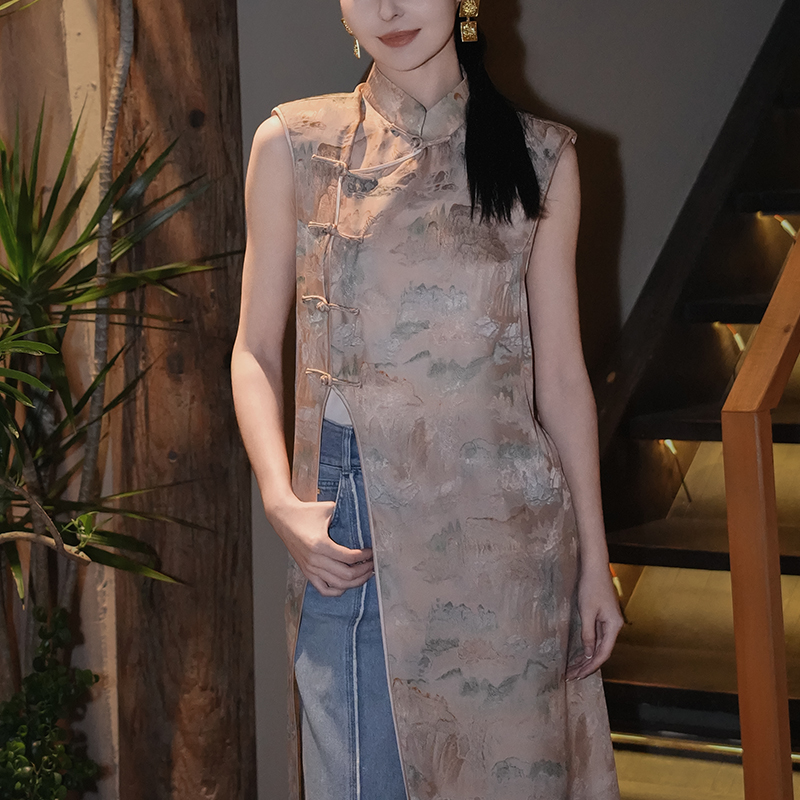 開運24春夏中式真丝冠乐绉印花无袖斜襟连衣裙女