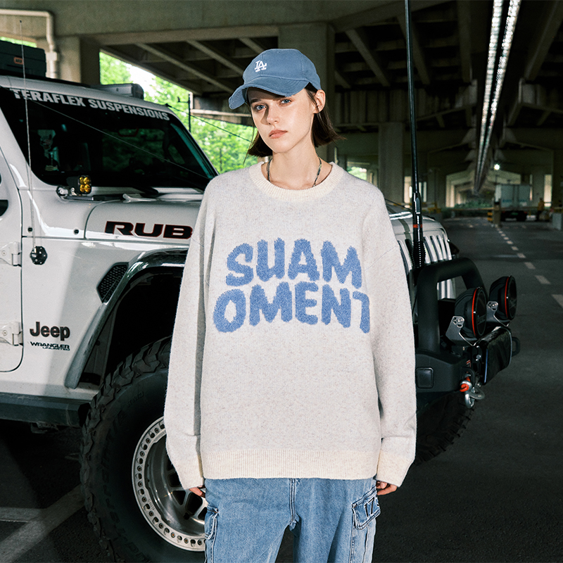 SuaMoment抓痕马赛克字母毛衣男女春秋装针织衫毛衫休闲宽松上衣