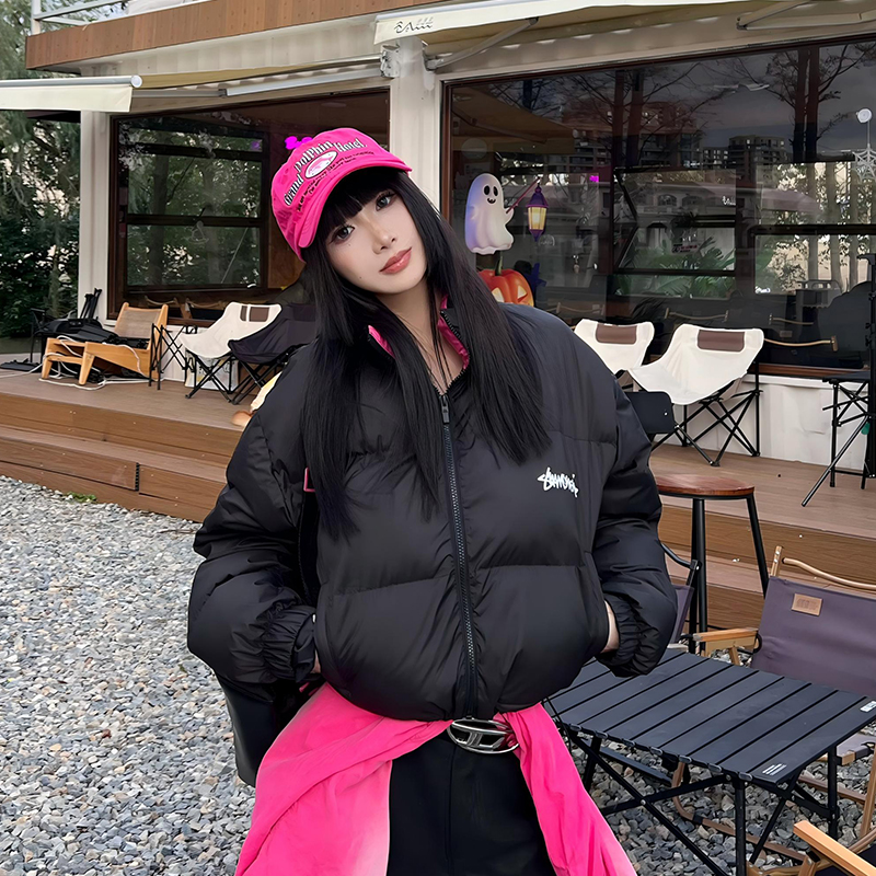 SUAMOMENT抓痕美拉德撞色字母印花短款连帽羽绒服男女冬保暖外套