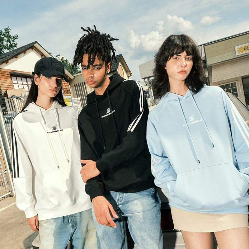 SUAMOMENT抓痕侧条纹插肩复古卫衣男春秋美式潮牌休闲运动连帽衫