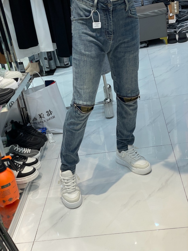 2024男士膝盖拉链弹力牛仔裤