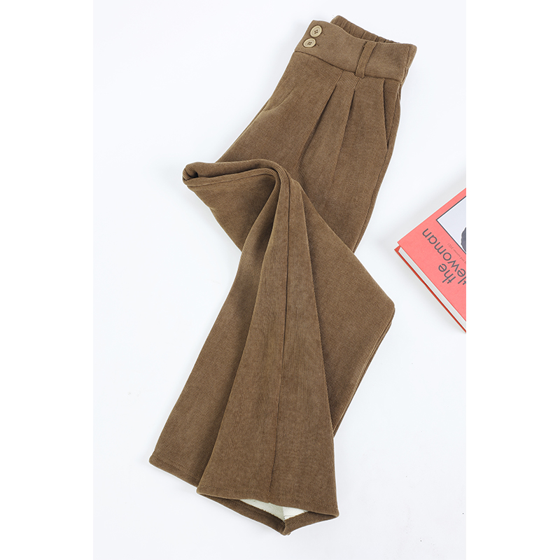 加绒加厚高腰窄版阔腿裤女秋冬新款显瘦百搭灯芯绒休闲裤宽松