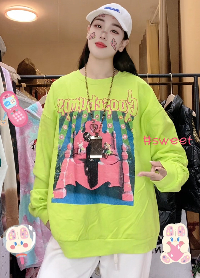 外贸纯棉大码荧光绿加绒卫衣