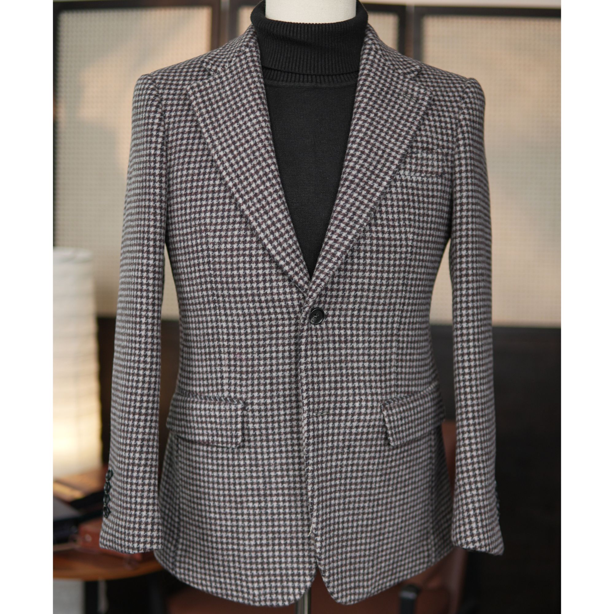 爱丁堡茶褐千鸟格全羊毛男修身时尚休闲商务西服外套西装上衣毛呢