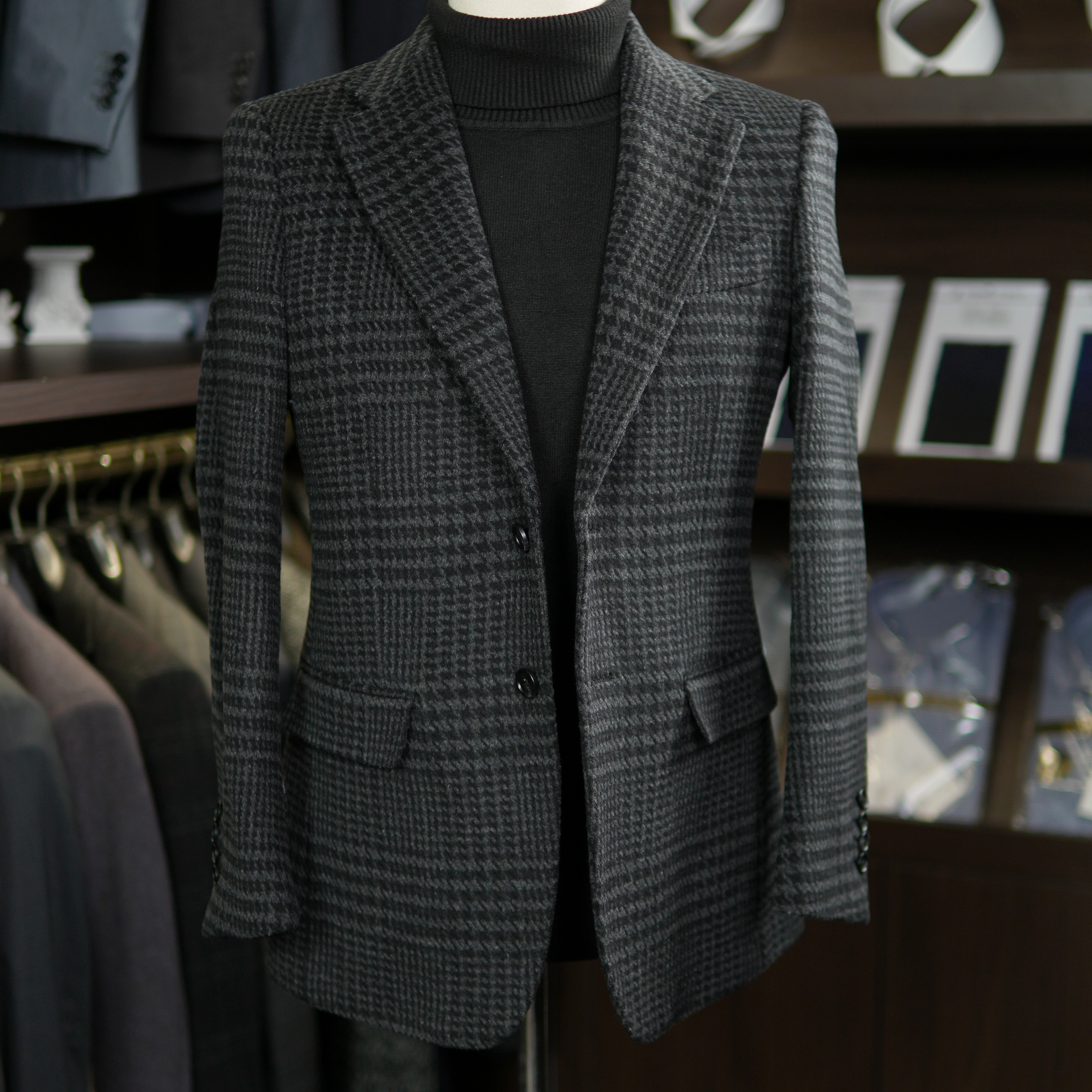 澜夜黑千鸟格全羊毛秋冬时尚修身休闲毛呢西服外套西装男士上衣