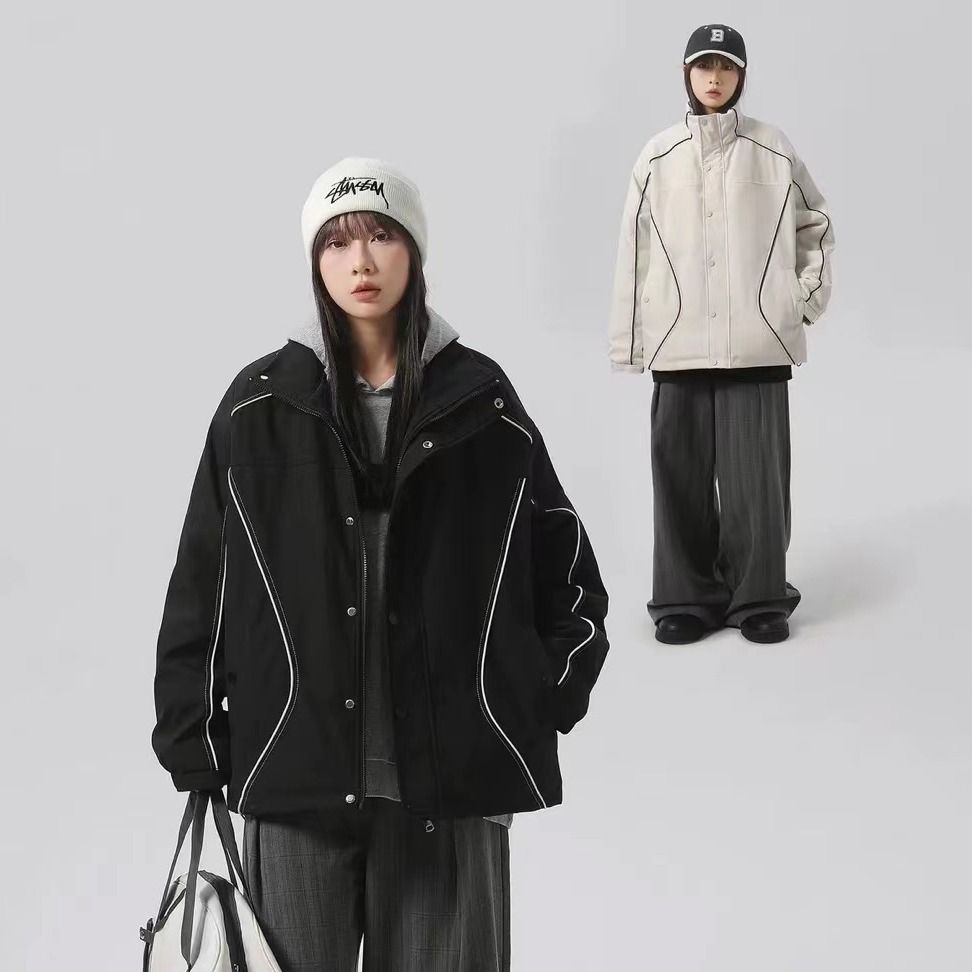 冬季新款立领加厚保暖织带撞色棉衣男宽松百搭ins潮流情侣棉服