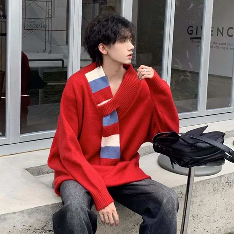 服饰国潮假围巾设计感V领毛衣外套男女秋冬季宽松情侣针织衫