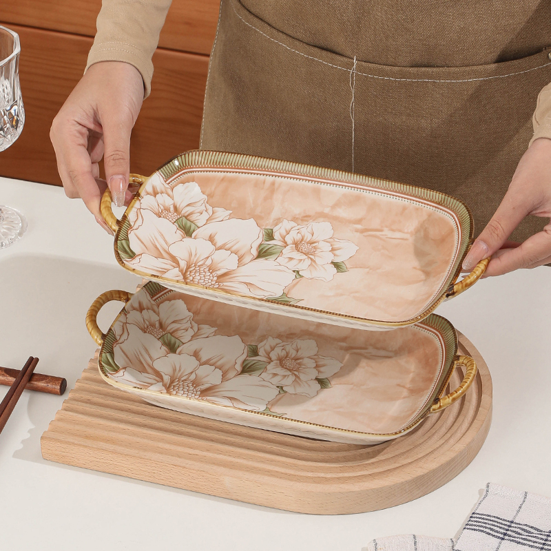 【山茶花】高级轻奢陶瓷家用陶瓷餐具12英寸鱼盘家用餐具釉下彩