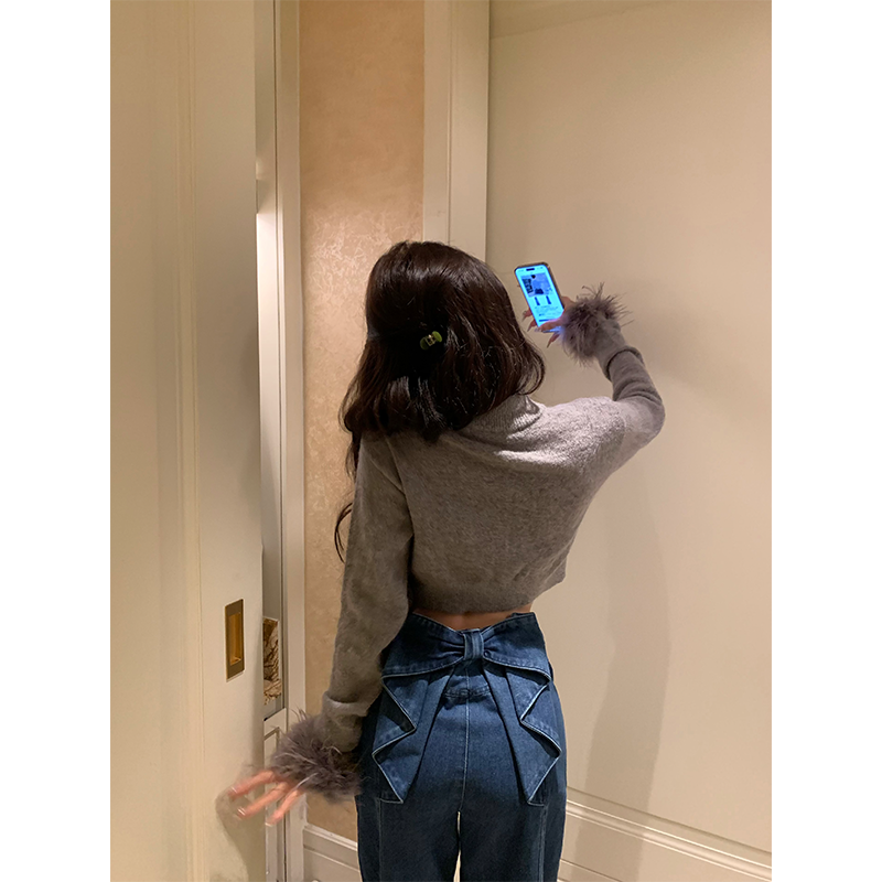 withmin白兔 甜御双杀 美式复古蝴蝶结设计直筒阔腿牛仔裤2411653