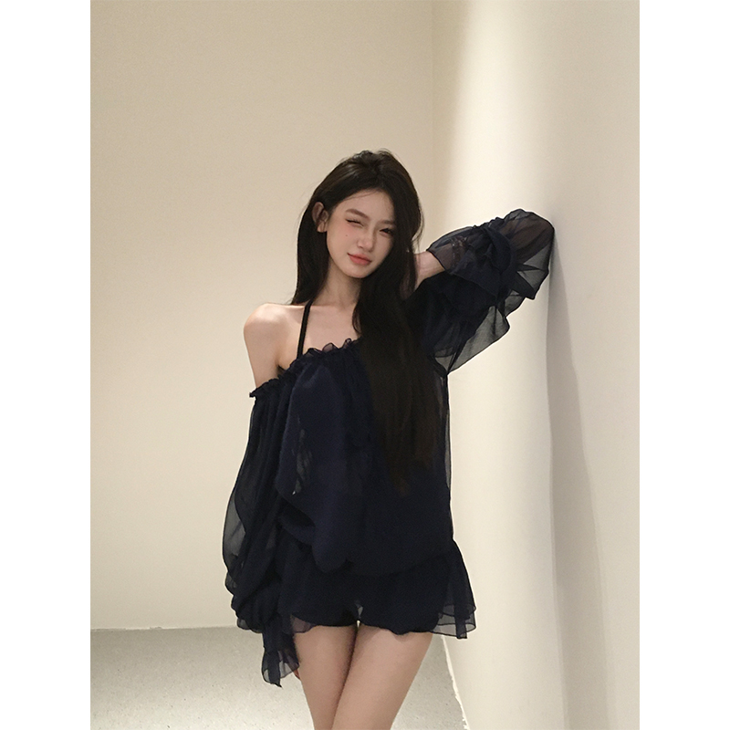 【现货】娇姿灵动 花瓣层次感雪纺衫女一字肩网纱上衣2410947