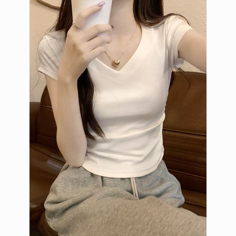辣妹白色不规则V领正肩短袖T恤2024夏季设计感修身短款上衣女ins