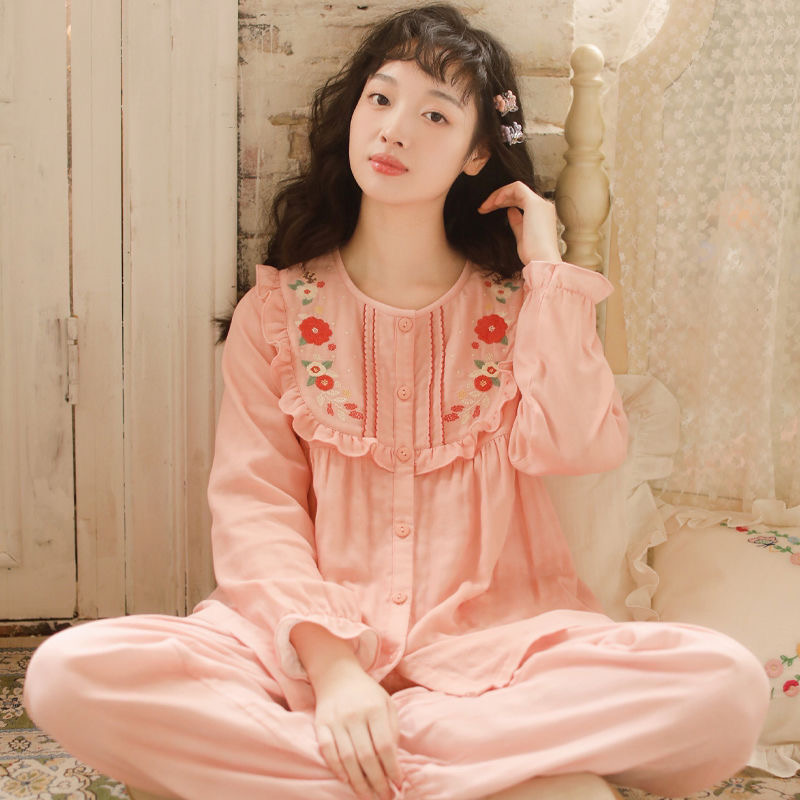 新款睡衣女春秋季纯棉甜美可爱刺绣少女清新高档全棉家居服套装