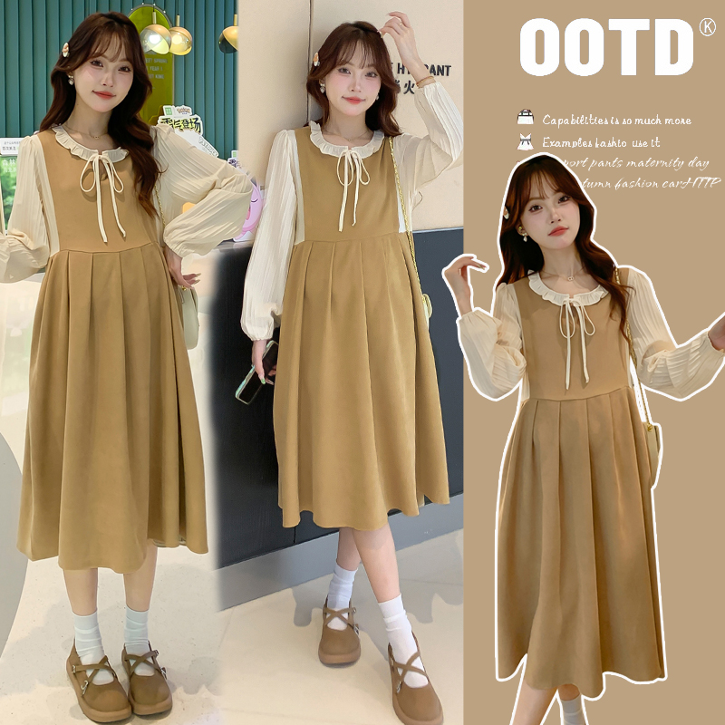 孕妇装2025秋装新款时尚气质中长款假两件甜美宽松少女感孕妇裙子