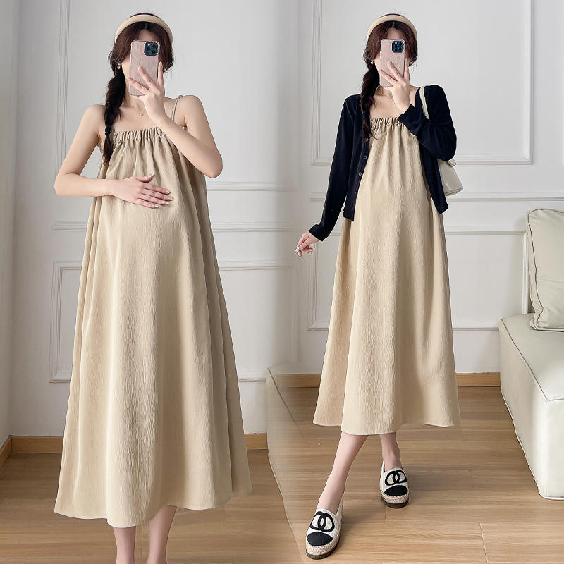 孕妇秋装2025时尚新款长袖防嗮开衫外套中长款孕妇吊带裙两件套装