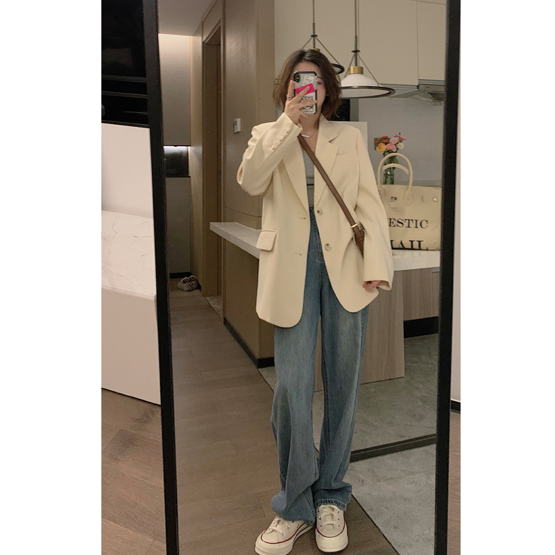 米白色西装外套女2025春秋高级感宽松韩版休闲显瘦气质西服小个子