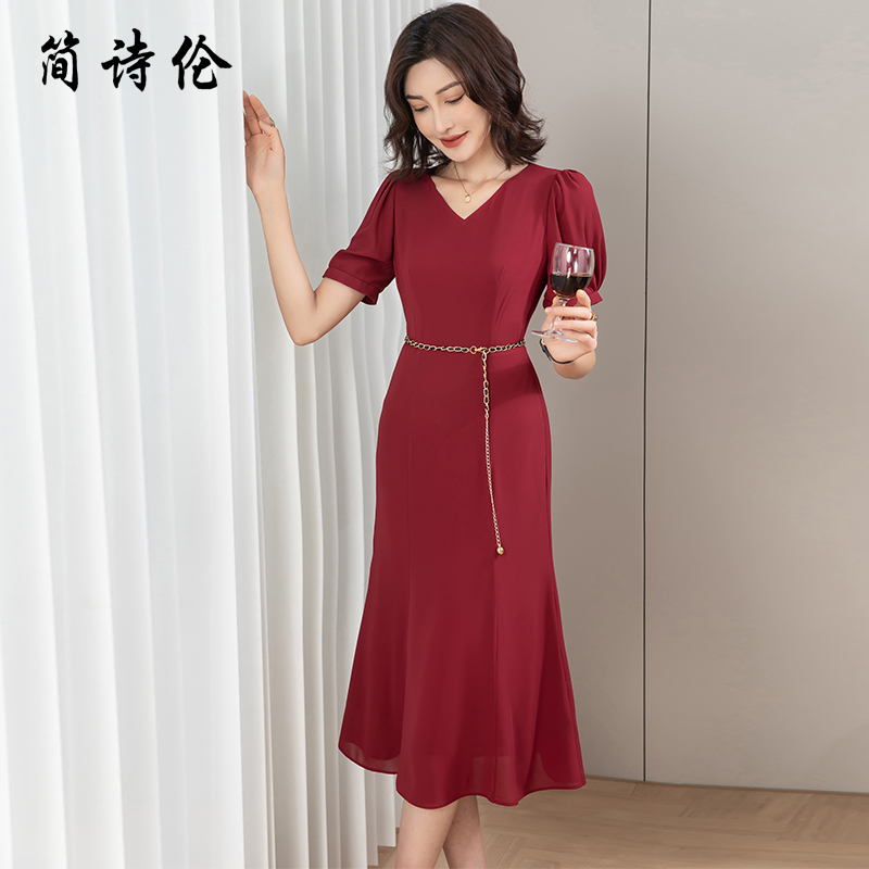【清仓捡漏】酒红色连衣裙女夏高贵精致气质喜婆婆婚宴装宴会礼服裙