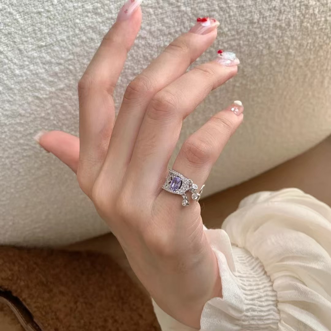 铜合金莫桑石戒指 指环35112气质小众轻奢紫色水滴流苏开口尾戒