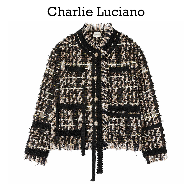 Charlie Luciano 休闲破坏宽松小香风潮流高贵外套女黑金色