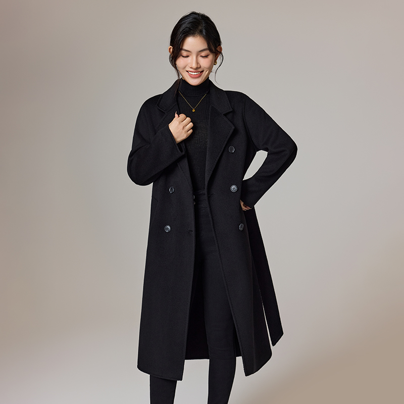 澳洲绵羊毛大衣黑色澳洲加厚绵羊毛2025冬季新款双面呢大衣