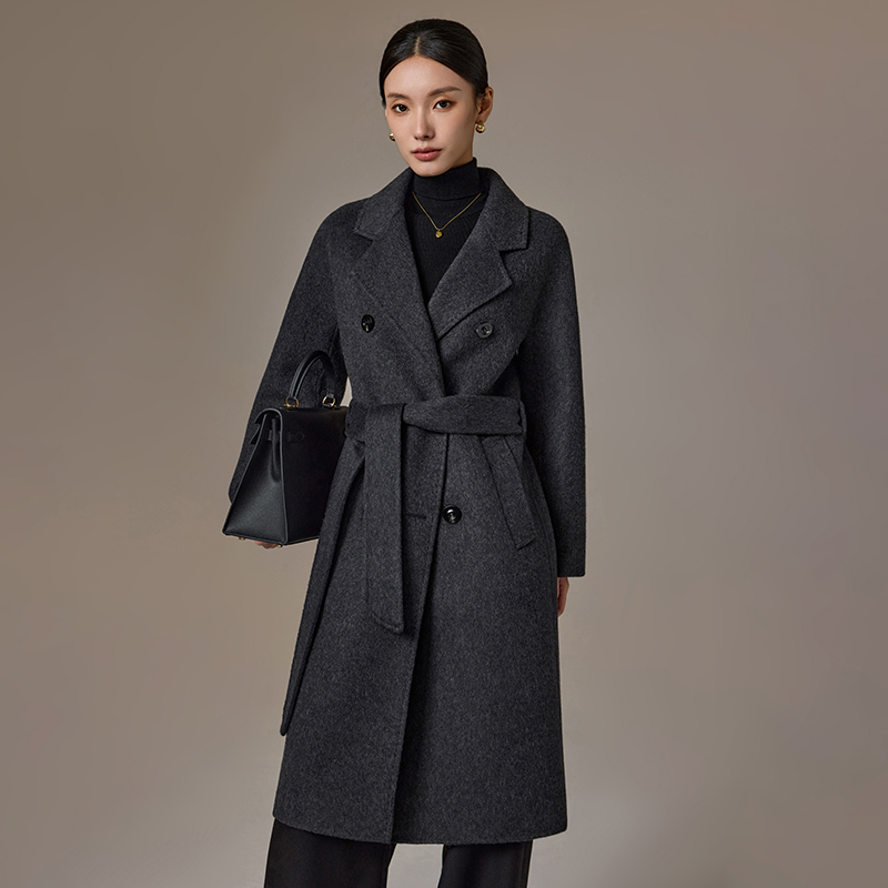灰色双面呢100%绵羊毛大衣2025秋冬新款58092