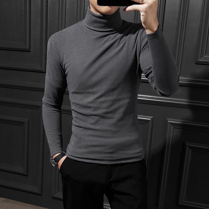 秋冬季双面绒高领长袖T恤男修身休闲男士打底衫翻领白色打底衫男