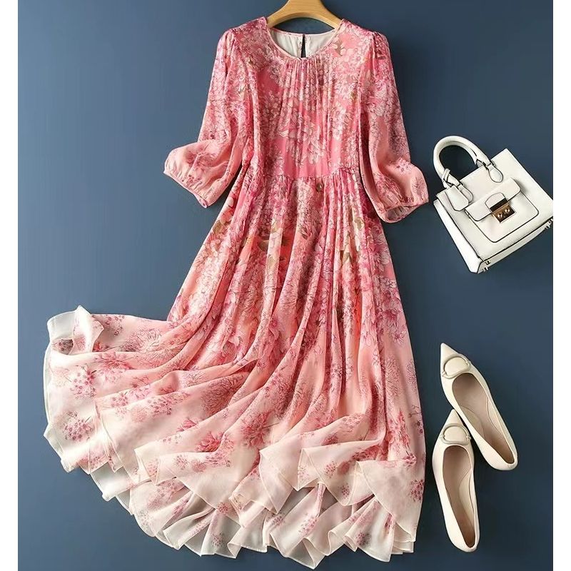 【活动专享】粉红色的回忆 气质优雅轻奢真丝连衣裙114-24117 粉色