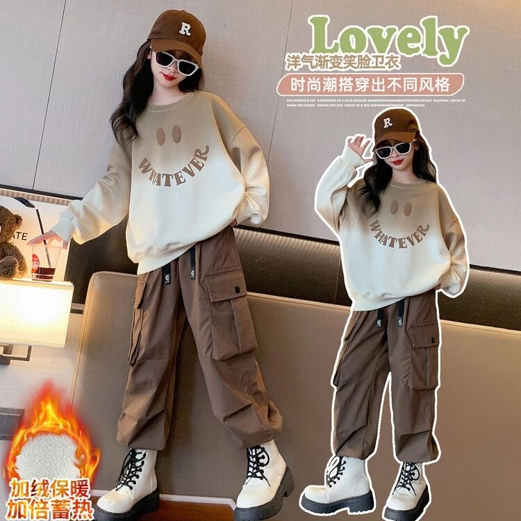 麦兜姐姐女童秋冬装套装2023新款洋气女中大童加绒时尚儿童工装裤