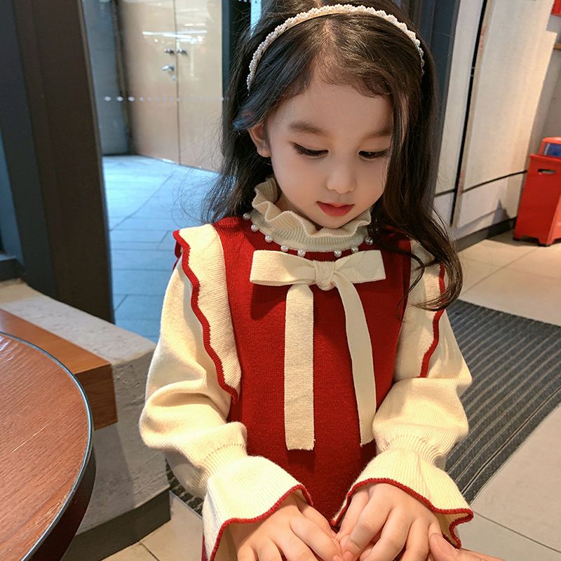麦兜姐姐女童连衣裙秋冬加绒新款儿童针织毛衣公主宝宝红色韩版洋