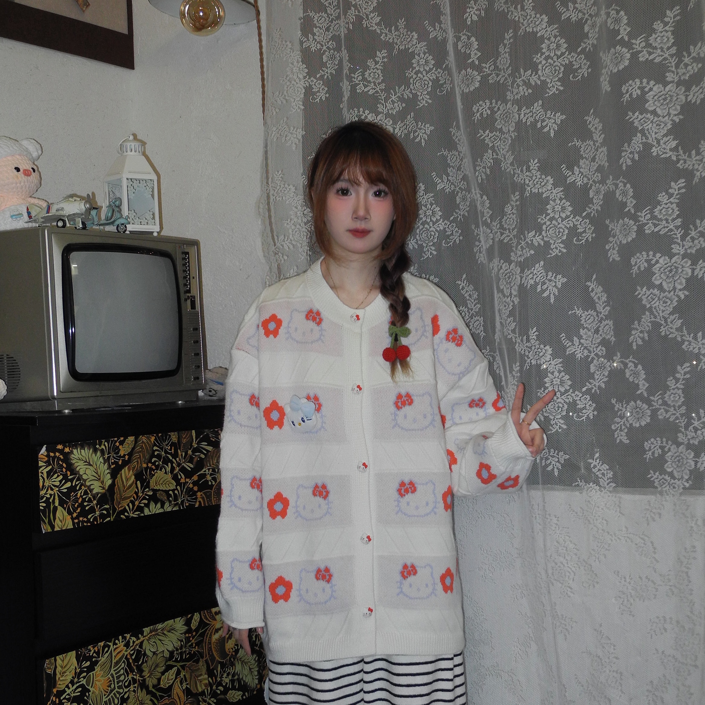 秋冬超可爱满印KT宽松针织毛衣