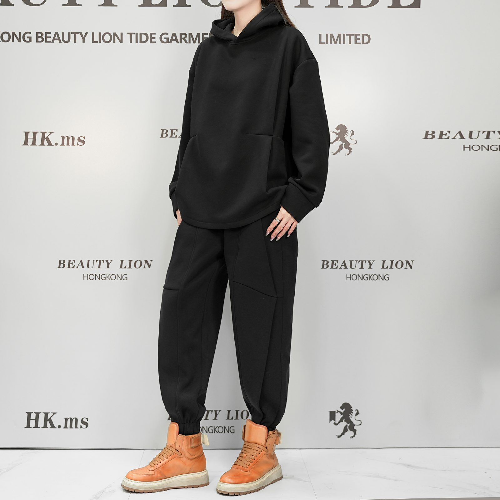 2024H·K美狮潮牌冬季加绒简约连帽时尚港风休闲套装