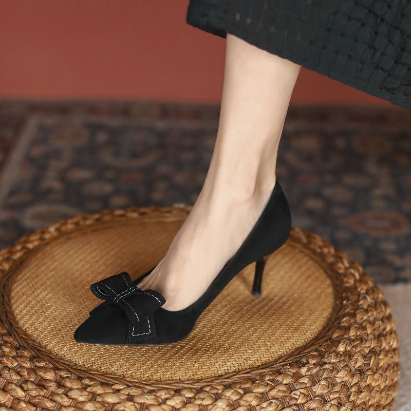 新款女鞋蝴蝶结黑色高跟鞋女细跟2024秋冬新款法式气质职业百搭配