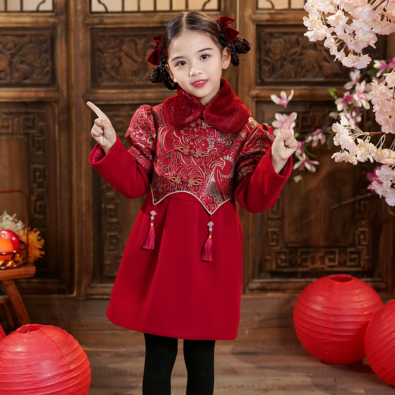 儿童连衣裙秋冬款拜年服2024过年新年衣服国风女童唐装旗袍公主裙