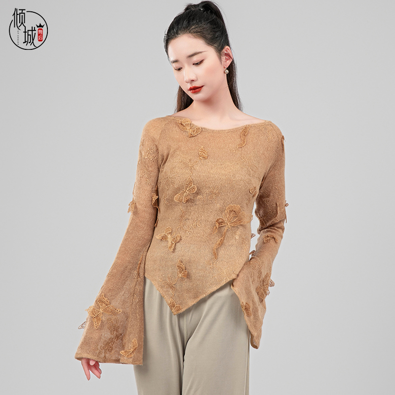 倾城舞后古典舞服装现代舞立体蝴蝶喇叭袖慵懒氛围感上衣练功服女