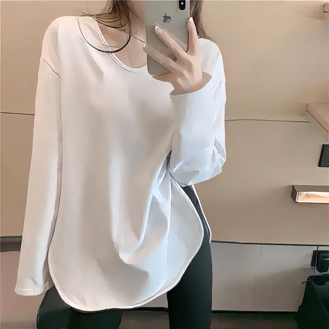 2025春秋韩版V领白色纯色中长款打底衫时尚休闲宽松百搭长袖T恤女