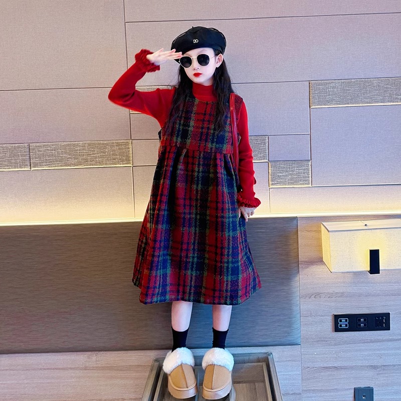 女童冬裙套装小香风秋冬2024新款儿童红色连衣裙女孩大童新年衣服