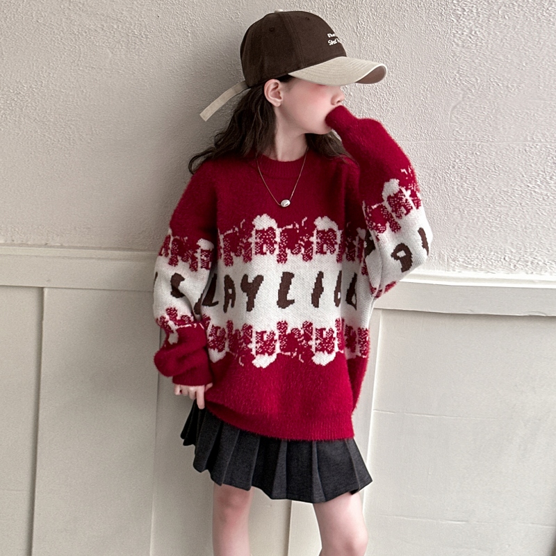 女大童毛衣冬装洋气新款红色针织衫加厚打底衫小女孩冬季拜年服潮