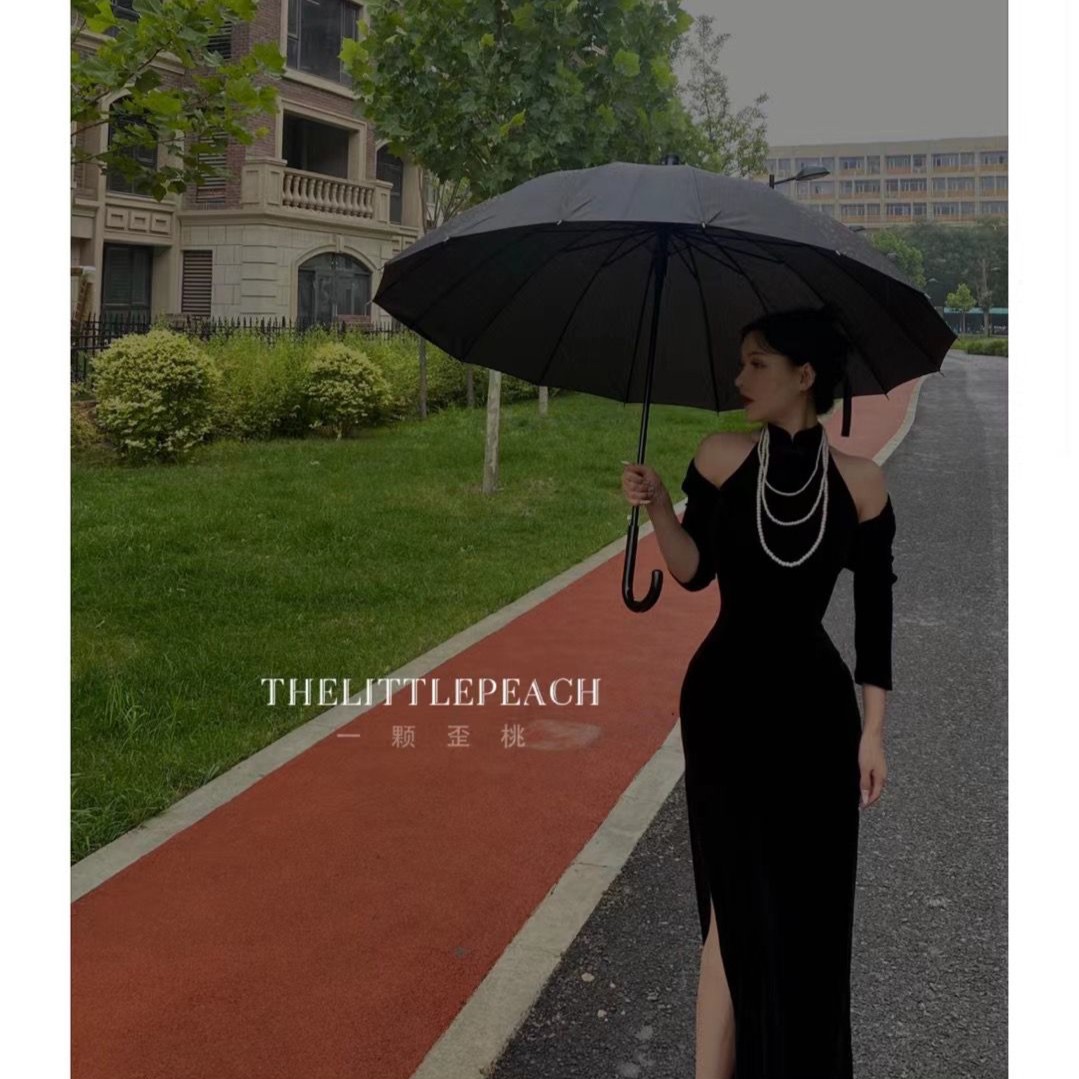 一颗歪桃黑色弹力高定旗袍