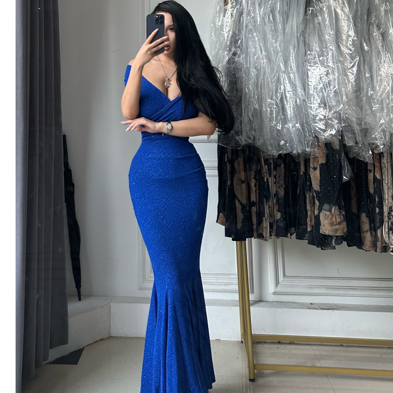 【一颗歪桃】新款交叉v领女装一字肩鱼尾裙