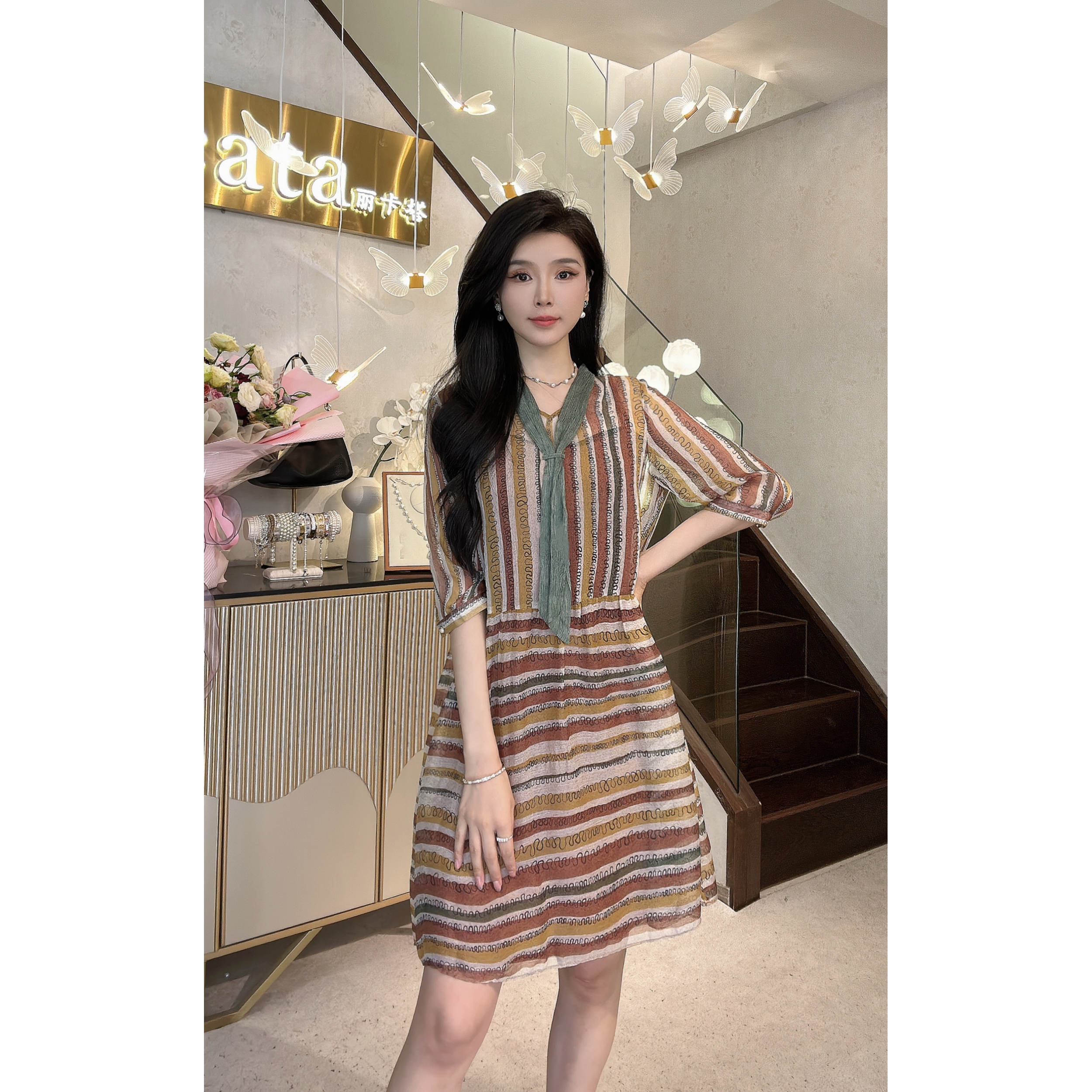 YUANBAO【彩虹】桑蚕丝高奢品质收腰遮肉宽松显瘦漂亮法式-女连衣裙
