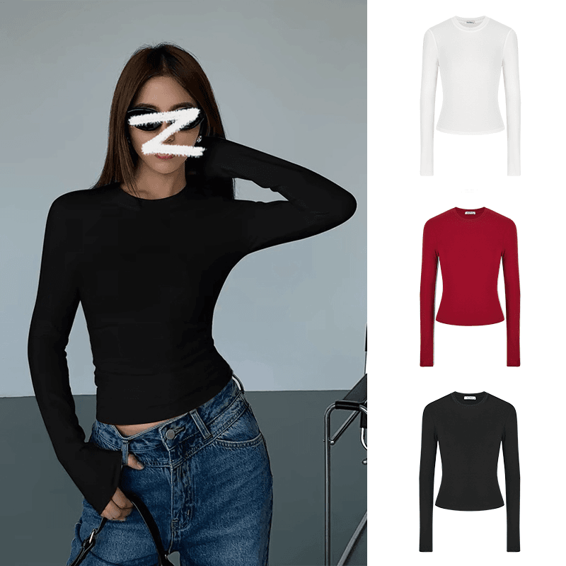 辣妹紧身掐腰正肩长袖T恤女春秋新款修身显瘦内搭圆领打底衫上衣 