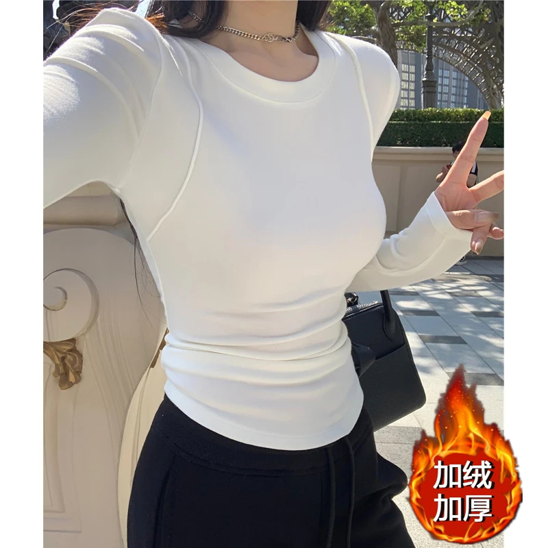 加绒加厚一体绒正肩打底衫女秋冬季圆领修身显瘦保暖内搭长袖上衣