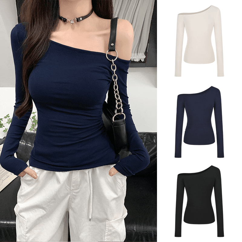 辣妹紧身性感不掉肩收腰上衣女春秋季露肩长袖T恤修身显瘦打底衫 