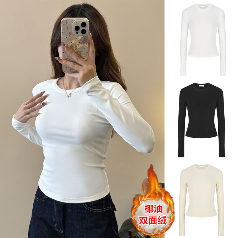 椰油双面绒圆领打底衫女2025秋冬季修身保暖内搭上衣白色长袖t恤 