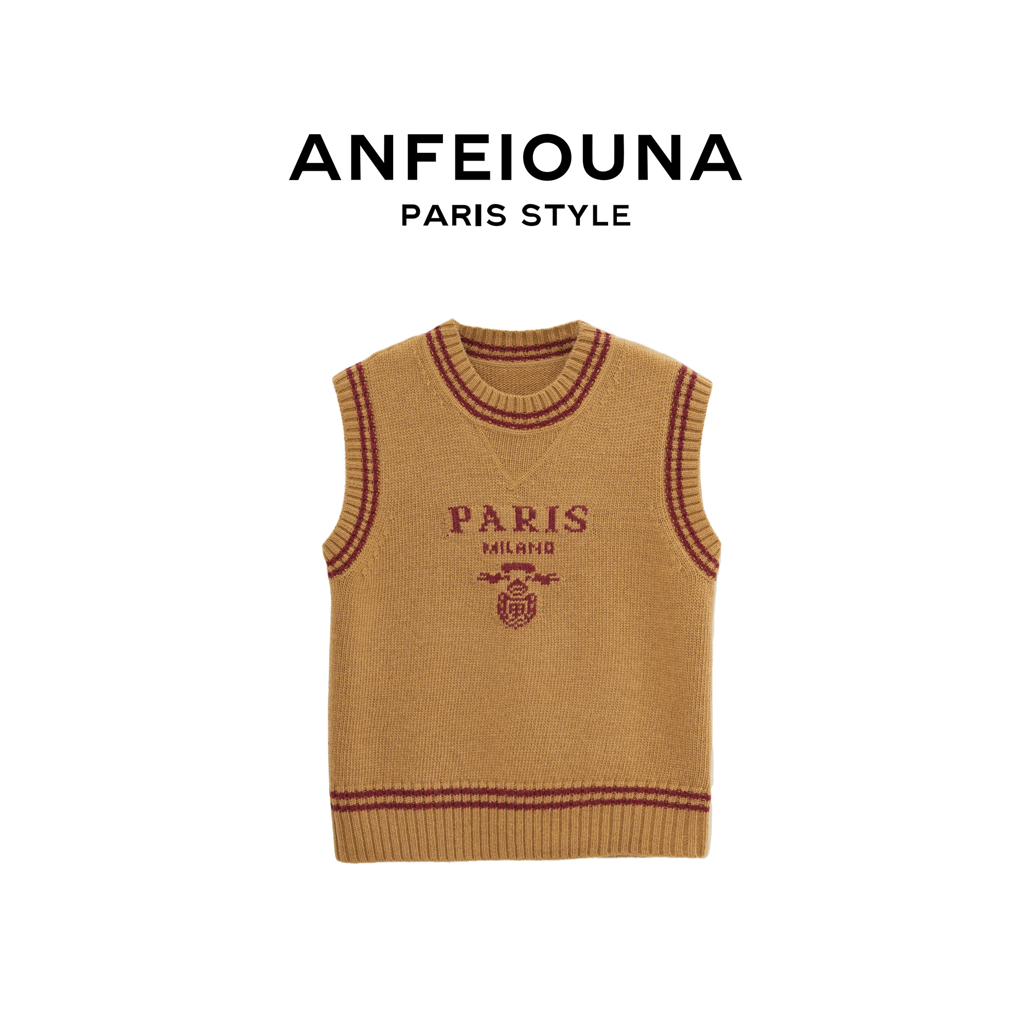 2024新款刺绣撞色条纹圆领无袖针织衫毛衣女士3255