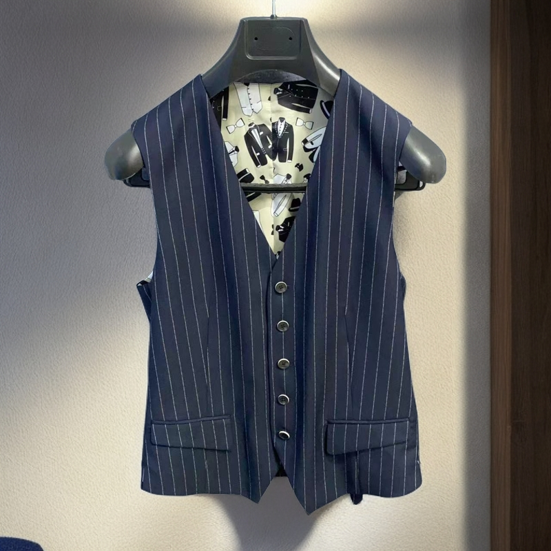 鸟红标【澳毛+桑蚕丝】藏青马甲竖条内搭西装马夹MJ002