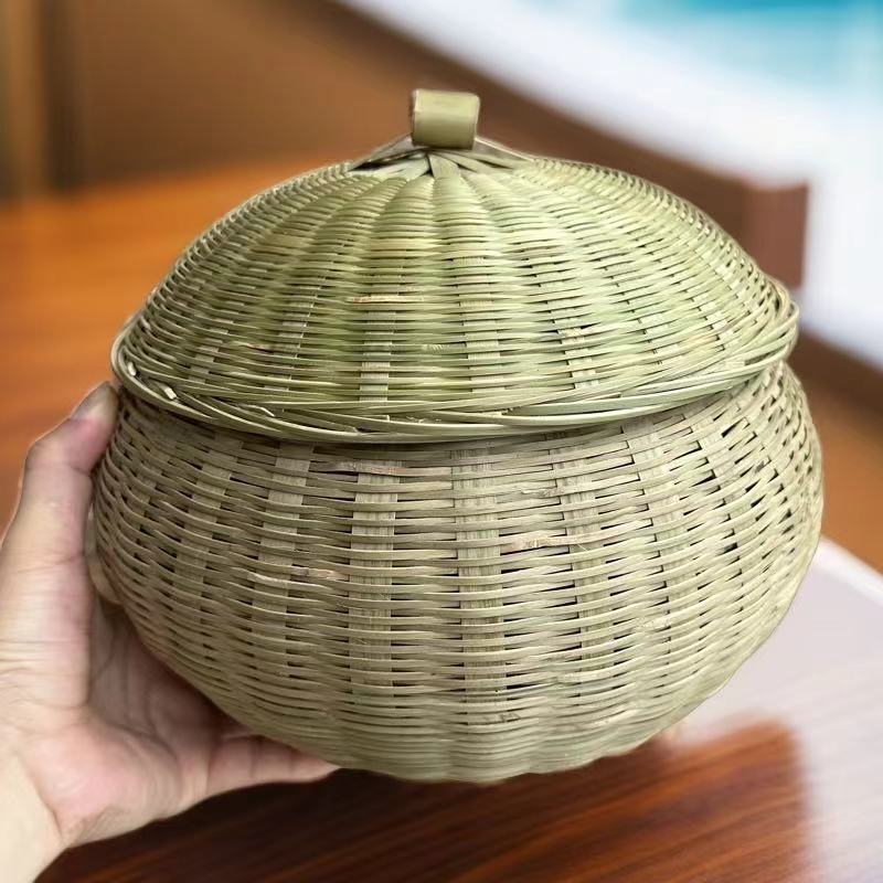 手工竹编南瓜筐 鸡蛋篮带盖筐20厘米口径深15厘米收纳约40个鸡蛋