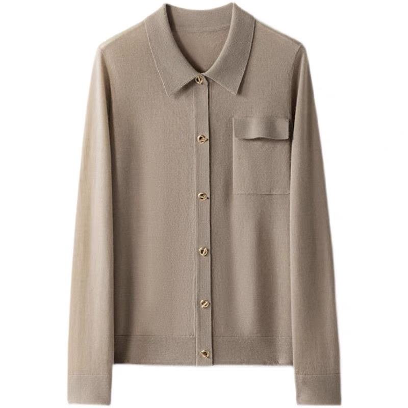 【价格开好的】女士精纺山羊绒薄款子母扣廓形长袖POLO翻领开衫